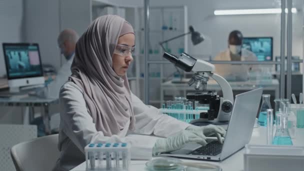 Портрет Молодой Мусульманки Белых Халатах Перчатках Очках Сидящей Столом Лаборатории — стоковое видео