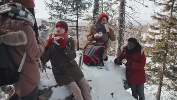 Grupp Snygga Unga Svarta Och Kaukasiska Vänner Tillbringar Helgen Tillsammans — Stockvideo