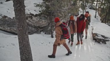 Bir grup neşeli Afrikalı Amerikalı ve Kafkasyalı arkadaş kış günü dağlarda yürüyüş yaparken eğleniyorlar.