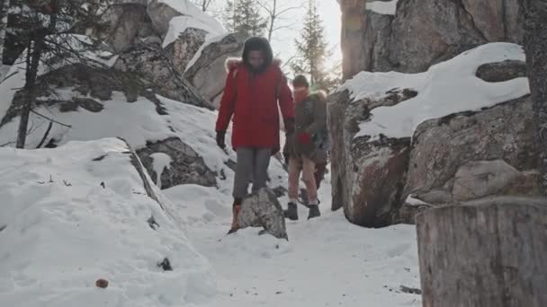 Skupina Tří Aktivních Mladých Černochů Bělochů Batohech Kráčejících Horách Zimním — Stock video