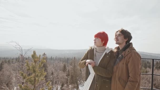 現代の若い世代Z男と愛の女性が山の上の展望台でリラックスして立って絵のような景色を楽しみ チャット — ストック動画