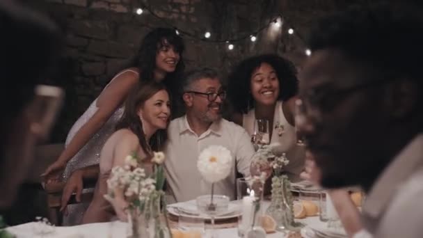 Selective Focus Happy Young Lesbian Newlyweds Taking Selfie Parents Smartphone — Stock Video