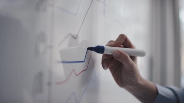 无法识别的金融专家或分析师在白板上绘制图表的选择性焦点特写 — 图库视频影像