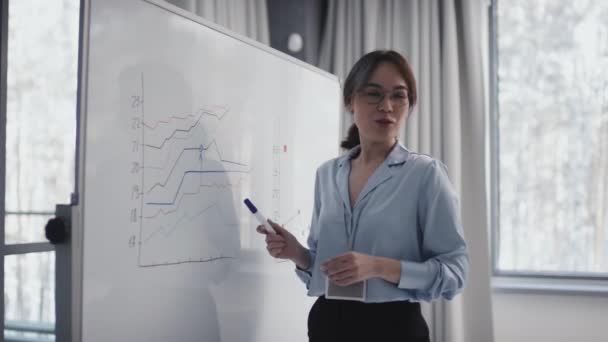 年轻的女讲师站在白板上 上面画着一些图表 谈到投资数据 — 图库视频影像