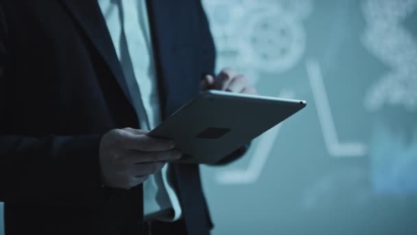 Unrecognizable Businessman Holding Digital Tablet Making Presentation New Business Strategy — Stock Video