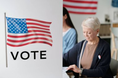 Amerikan bayrağı ve arkada oturan ve oy pusulasından aday seçen iki kadın seçmenin olduğu oy kabininin bir parçası.