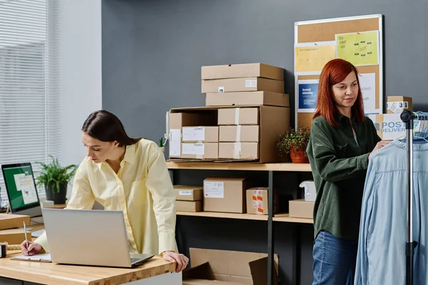 Two Young Female Workers Modern Volunteering Organization Taking Online Requests — Stock Photo, Image