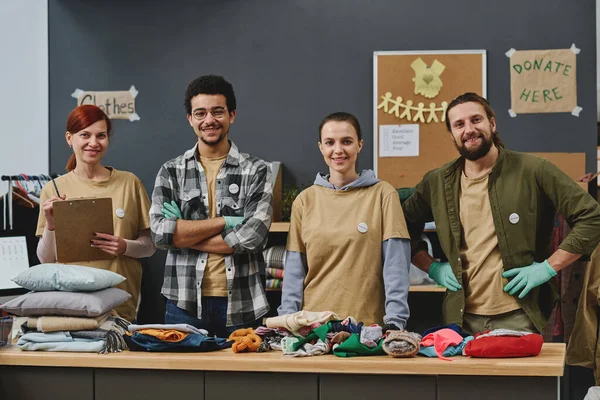 Group Happy Young Intercultural Volunteers Looking Camera Smiles While Standing — Stock Photo, Image