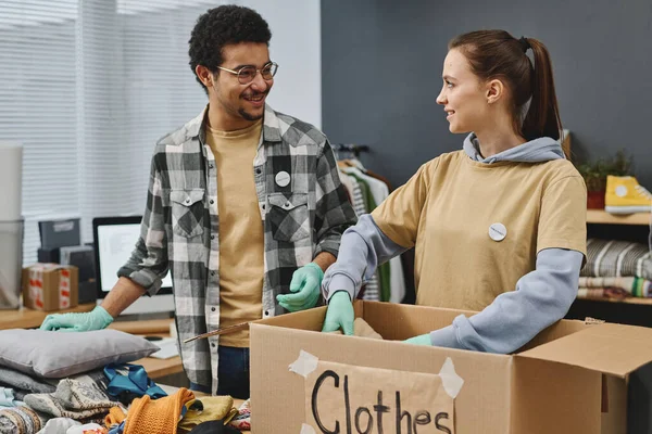 Happy Young Male Female Volunteers Protective Gloves Chatting While Packing — Stock Photo, Image