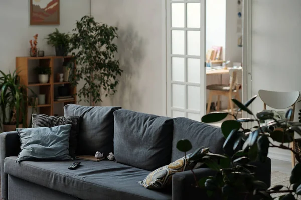 緑の植物の間に座布団とグレー快適なソファと現代のアパートの広々としたリビングルームのインテリアの一部 — ストック写真