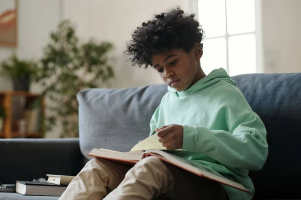 Serious Cute Schoolboy Making Notes Copybook While Sitting Couch Reading — Stock Photo, Image