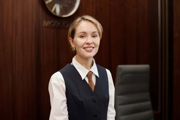 Happy Young Blond Receptionist Uniform Looking Camera Smile While Standing — Stock Photo, Image