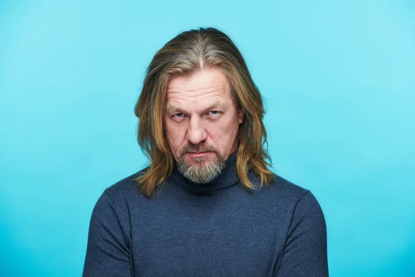 Mature Man Displeased Expression Looking Camera Standing Blue Background — Stock Photo, Image
