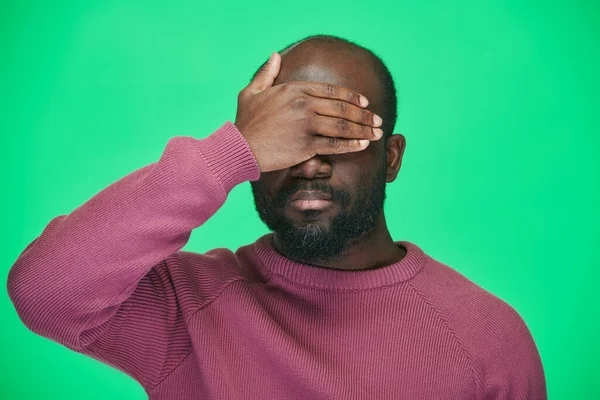 Portrait African American Man Cover His Eyes Hand Standing Green — Stok Foto