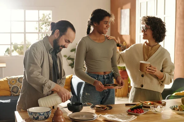 Family Three Adopted Daughter Talking Each Other Having Breakfast Together — Stock Photo, Image