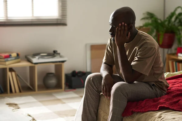 African American Young Man Depression Sitting Alone His Bedroom — Stock Photo, Image