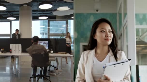 Ofiste Doküman Taşıyan Asyalı Genç Bir Kadının Arkadaşlarının Modern Ofis — Stok video