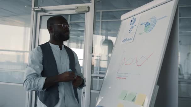 年轻而时尚的黑人男子在会上讲述新商业项目的调查结果 并在白板上做笔记 — 图库视频影像