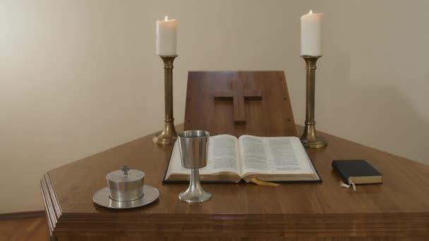 People Shot Wooden Altar Modern Minimalistic Catholic Church Bible Book — Stock Video