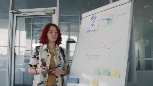 身穿休闲装 留着卷曲红头发的年轻女性的慢动作讲着白板上的图表和图表 — 图库视频影像