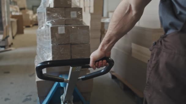 Plan Recadré Travailleur Masculin Tirant Chariot Chargé Boîtes Carton Pendant — Video