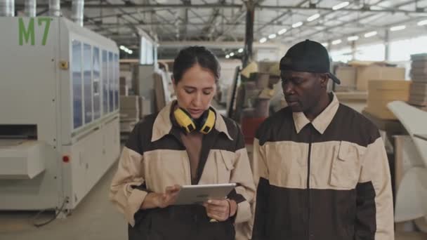Pas Záběr Běloška Žena Pomocí Tabletu Vyprávění Pracovních Procesech Afroamerickým — Stock video