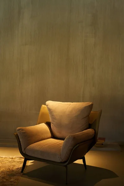 안락의자에 부드러운 중립적 색깔의 베개가 라운지나 장소의 콘크리트 기대어 — 스톡 사진
