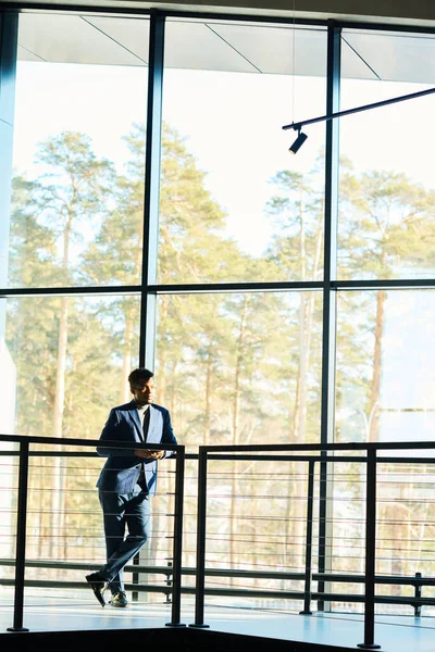 Long Shot Young Businessman Solopreneur Formalwear Standing Large Window Front — Stock Photo, Image