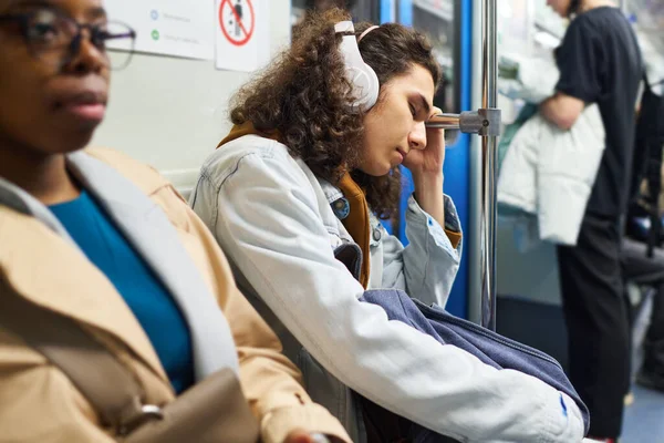 Side View Teenage Guy Headphones Napping Handrail While Sitting Next — Stock Photo, Image