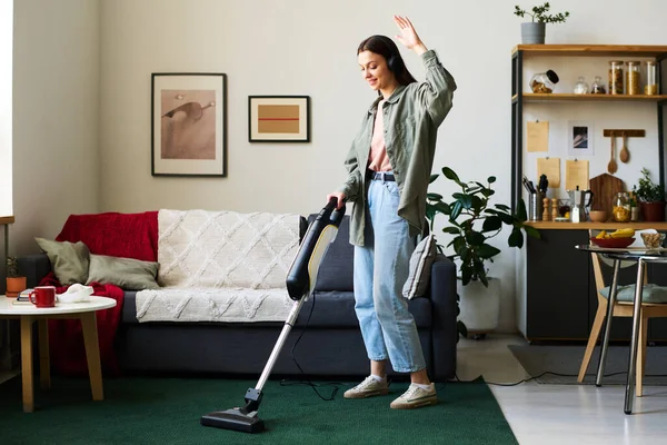Woman Headphones Listening Music Dancing While Vacuuming Carpet Room — Stock Photo, Image