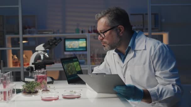 Olgun Erkek Bilim Adamı Yerindeki Petri Kabına Yeşil Bitkinin Karakteristik — Stok video