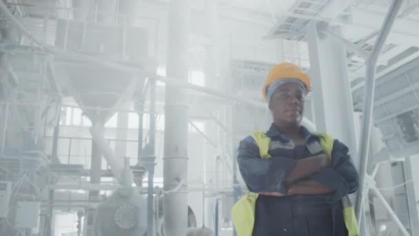 Başarılı Afrikalı Amerikalı Kadın Modern Mermer Fabrikasında Çalışıyor Kollarını Kavuşturup — Stok video