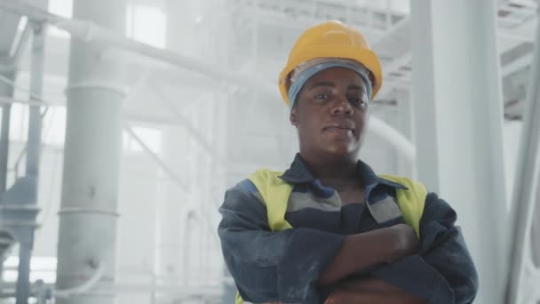 自信を持ってアフリカ系アメリカ人女性大理石工場労働者の低い角度のビュー 腕と立ってカメラを見る — ストック動画