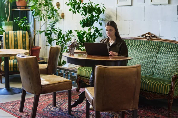 Молодая Серьезная Брюнетка Ноутбуком Смотрит Экран Сидя Столом Кафе Зелеными — стоковое фото