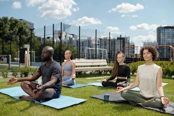 一群不同文化的年轻人在夏天的时候 一边坐在绿茵的草坪上一边做瑜伽 一边在床垫上练习瑜伽 — 图库照片