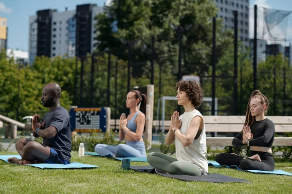一组不同文化的运动员在室外练习瑜伽 双腿交叉坐在垫子上 双手放在胸前的侧视图 — 图库照片