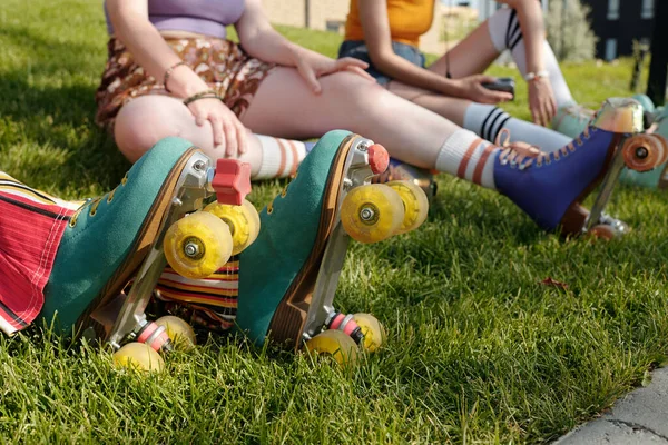 Roller Skates Feet Young Active Woman Sitting Green Grass Relaxing — Stock Photo, Image