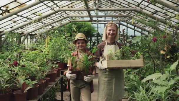 Mulher Caucasiana Sênior Sua Neta Adolescente Segurando Plantas Estufa Sorrindo — Vídeo de Stock