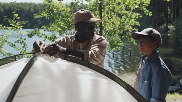 Современный Афроамериканский Дедушка Показывает Своему Внуку Установить Палатку Время Кемпинга — стоковое видео