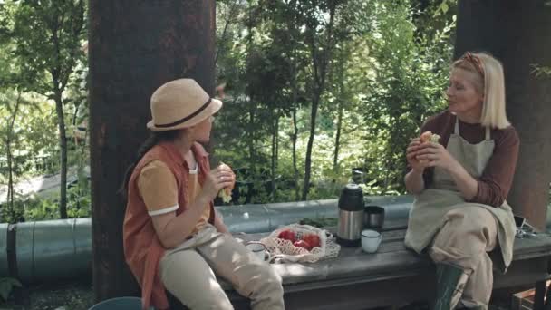 ワークウェアのシニアの白人女性と彼女の孫娘は 昼食を持って庭のベンチに座って — ストック動画