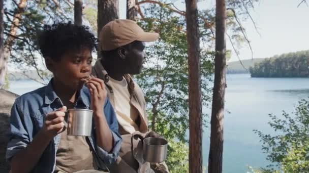 アフリカ系アメリカ人のシニアマンと10代の孫が湖岸の岩の上に座り お茶を飲んで自然の美しさを話し合いました — ストック動画