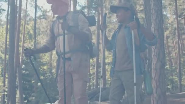 快乐的非洲裔美国祖父和他的孙子在接近山顶的时候变得兴奋起来 — 图库视频影像