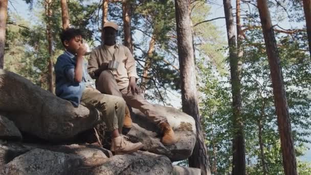 アフリカ系アメリカ人のシニアマンと彼の孫が 紅茶を飲む山林の岩の上に座って 旅行について話している — ストック動画