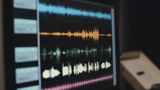 5つのマルチカラーのオーディオトラックで音声録音プログラムを表示するモニター画面のクローズアップ — ストック動画