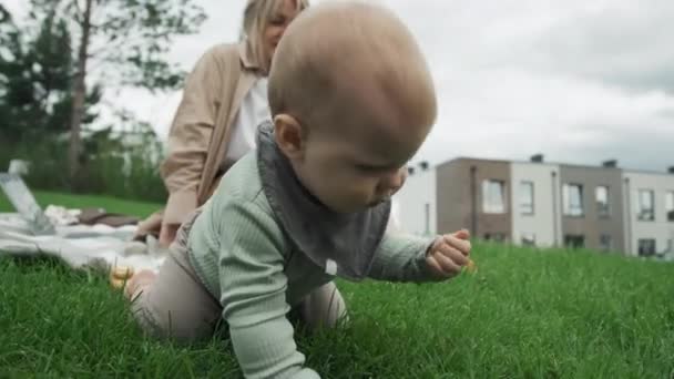 芝生のすべてのフェアを歩いている彼女の赤ちゃんを見ている若い母親の選択的なフォーカスクローズアップショット — ストック動画