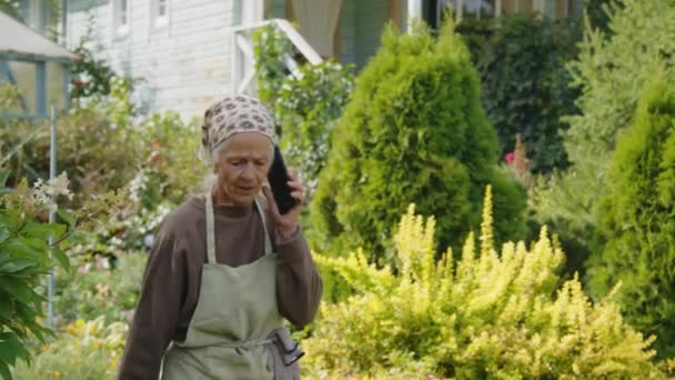 在阳光明媚的日子里 白种人奶奶在后院花园散步 一边打电话一边拍 — 图库视频影像