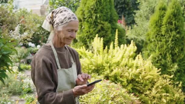 晴れた日に庭に立つ高齢女性の中型肖像画がスマートフォンに何かをテキストする — ストック動画