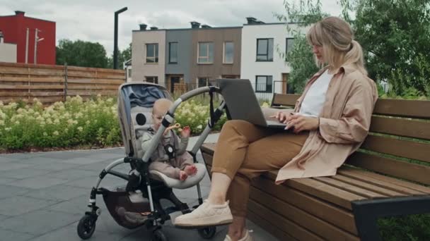 Modern Genç Bir Kadın Dışarıda Bankta Oturuyor Laptopta Çalışıyor Çocuğuna — Stok video