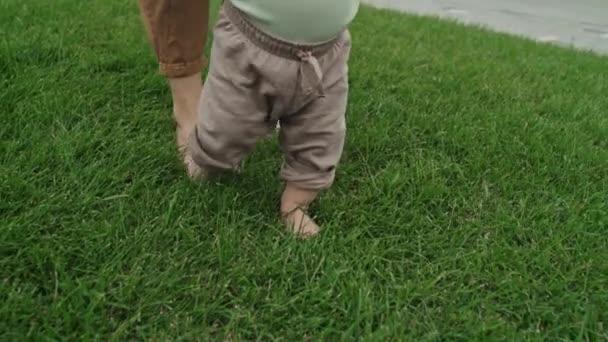 赤ちゃんに歩くように教える 認識できない母親の低いセクションを傾けて 芝生の上を歩きます — ストック動画