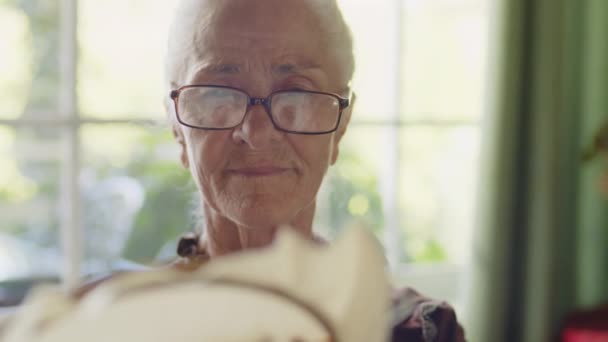 Выборочный Фокус Портрет Кавказской Бабушки Проводящей Время Дома Занимающейся Вышивкой — стоковое видео